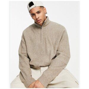 Abercrombie & Fitch Mens Oversized M Soft A&F Quarter-Zip Sweater Beige Ribbed